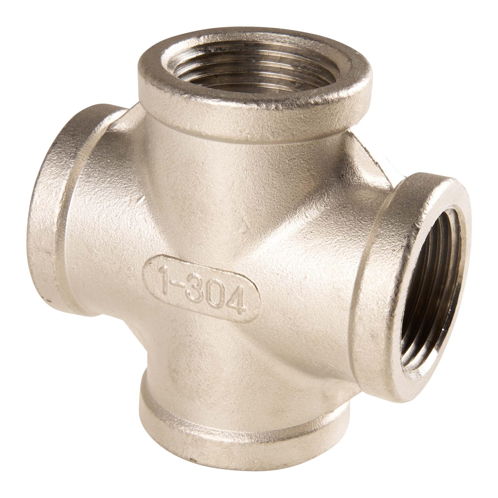 angled view of 4-way pipe fitting